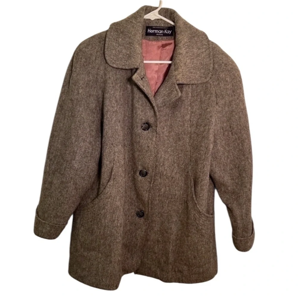 Vintage Herman Kay Women's Size 12 Petite Wool Peacoat Gray Pockets 3 Button